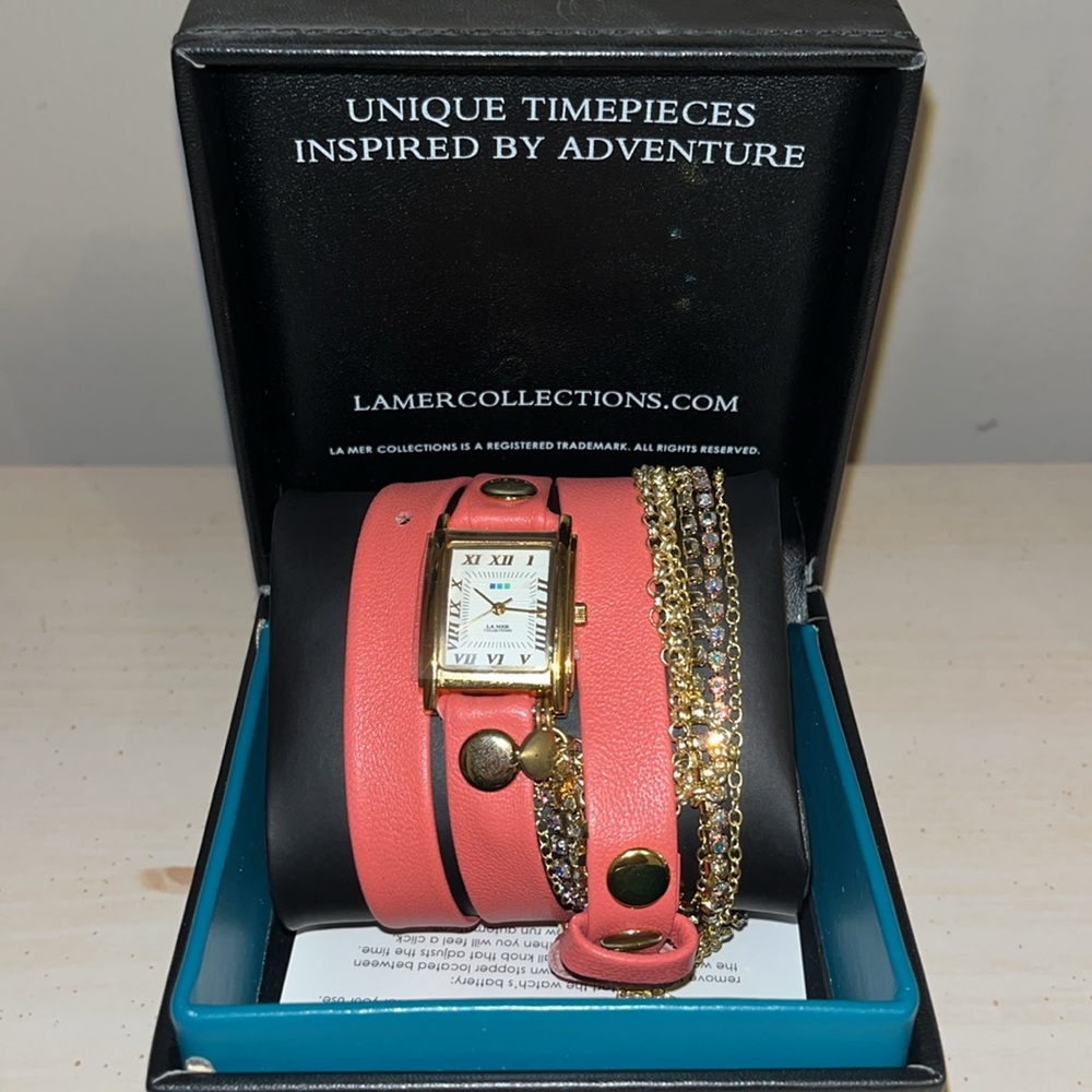 La Mer Coral Wrap Watch with Gold Bangles and Gems